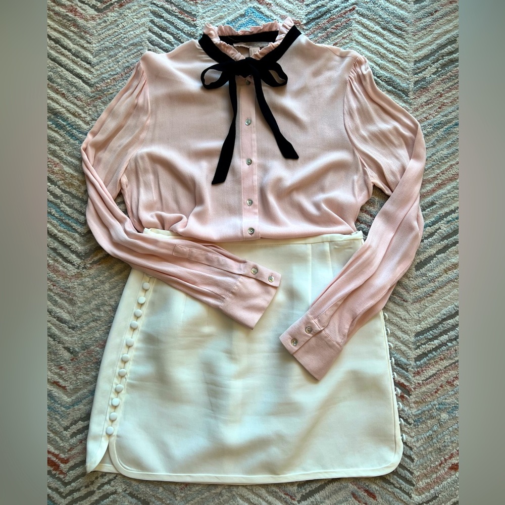 Chiffon Ruffled Neck Shirt w/ Black Tie